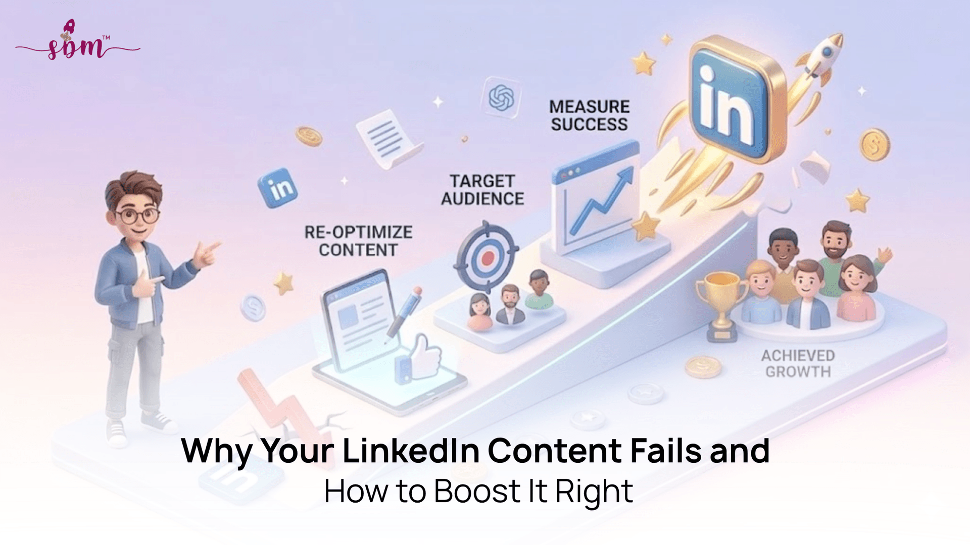 Why Your LinkedIn Posts Aren’t Working (And How Boosting Fixes It) Illustration showing low LinkedIn engagement and how LinkedIn post boosting helps businesses increase visibility, impressions, and leads.