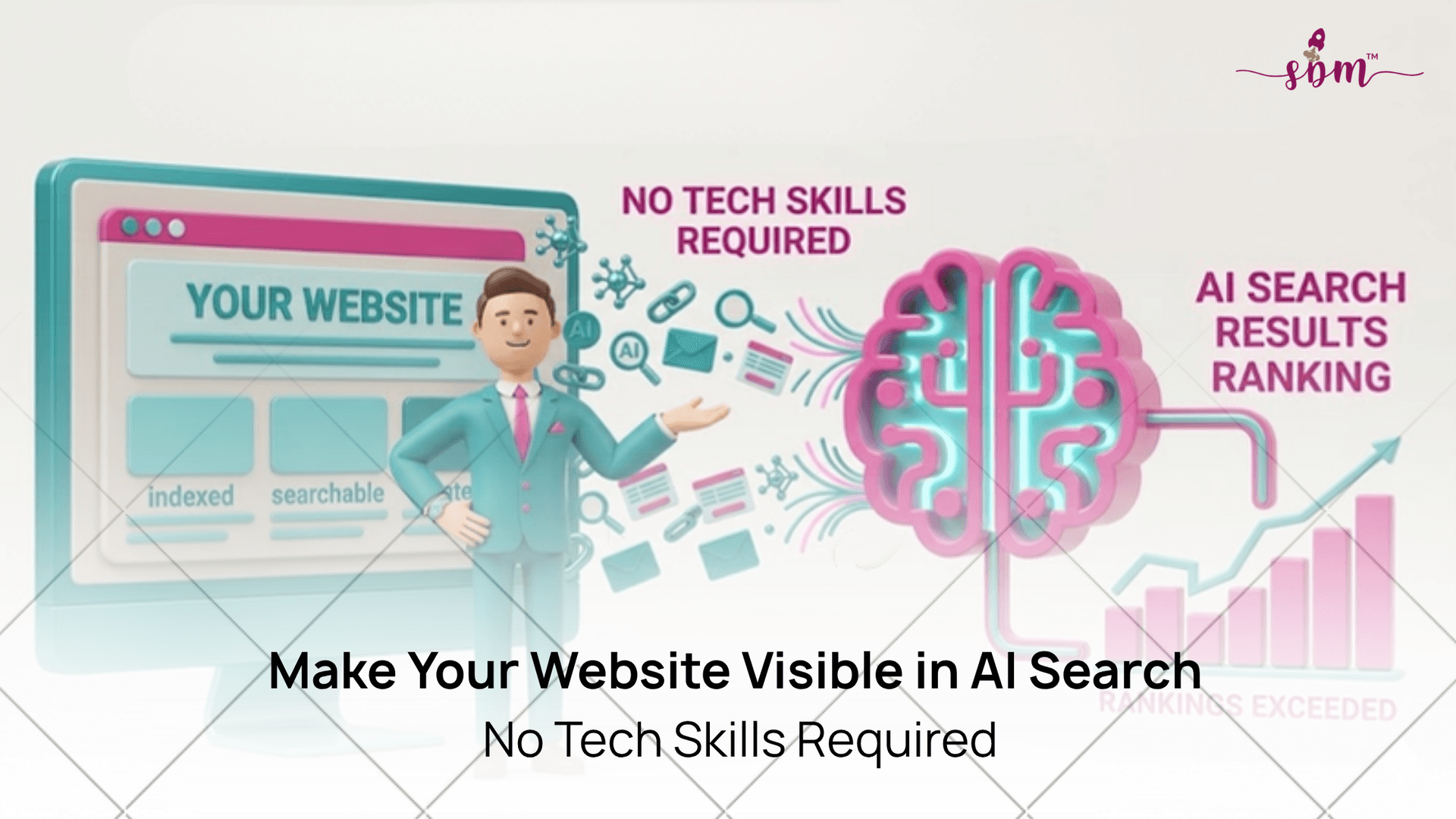 How to Make Your Website AI-Friendly in 2026 llustration showing AI search tools analyzing a website with SEO optimization, AI Overviews, content structure, and search visibility concepts for 2026.